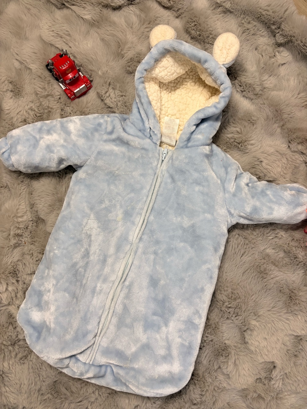 Plush Light Blue Baby Footie with Sherpa-Lined Hood
